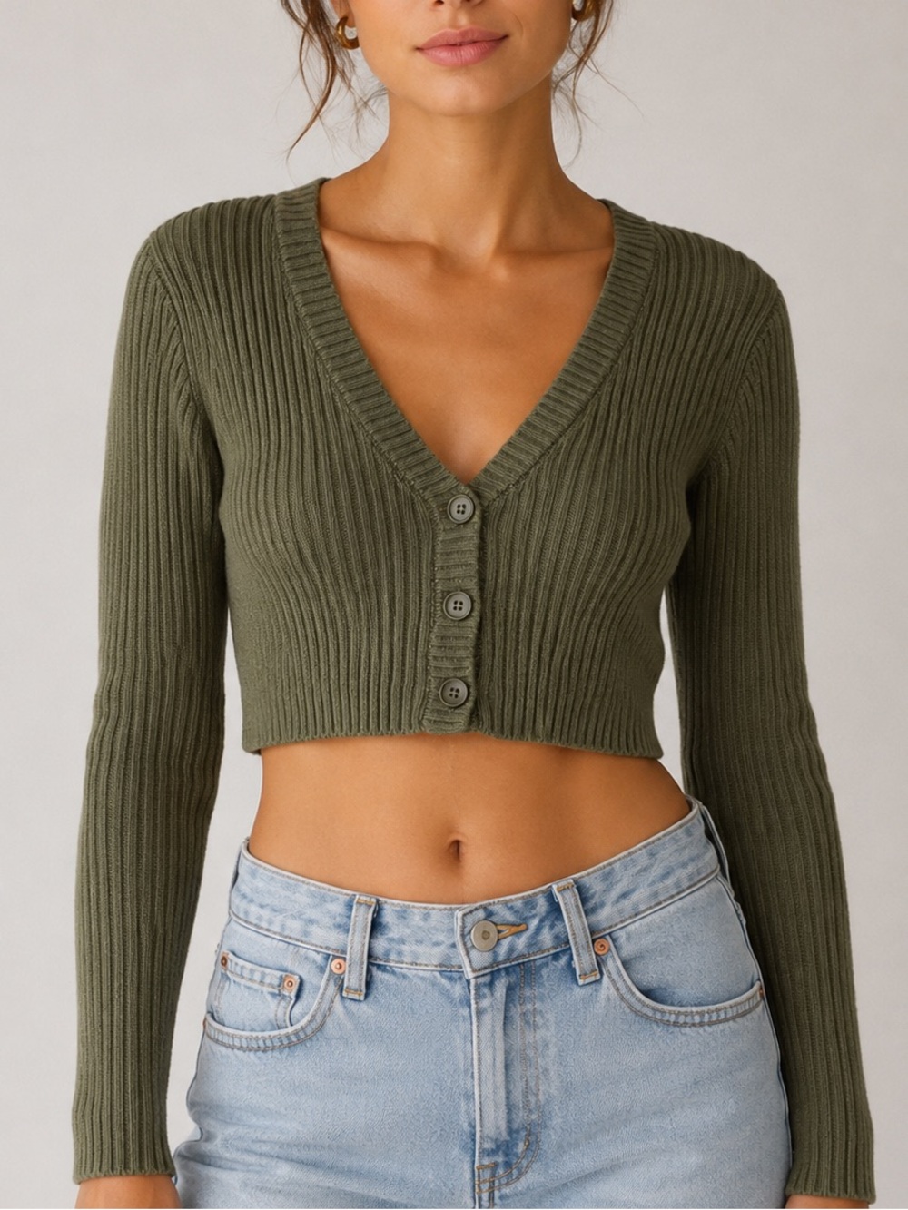 H&M Olive Ribbed Crewneck Sweater